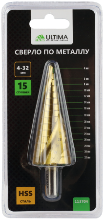 Сверло по металлу ступенчатое, Ultima, 4-32 мм, 15 ступеней, сталь HSS
