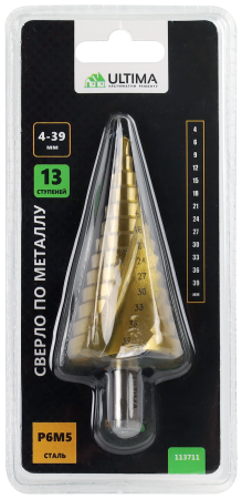 Сверло по металлу ступенчатое, Ultima, 4-39 мм, 13 ступеней, сталь P6M5